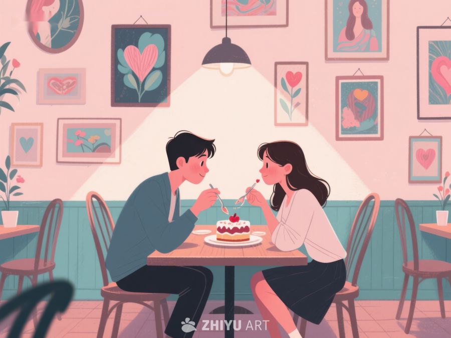 情侣在温馨咖啡馆共享甜点 585