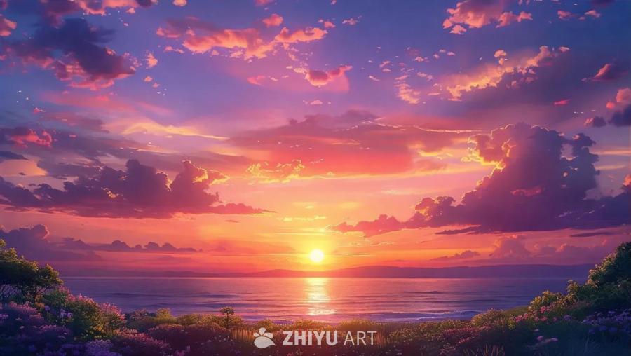 太阳缓缓落下，天空呈现出橙色、粉色和紫色的渐变色。