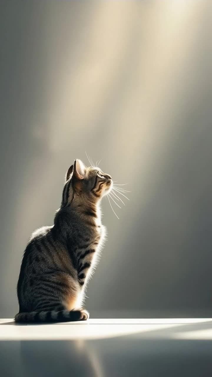 一只条纹猫坐在一个平面上，抬头望着上方照射下来的光