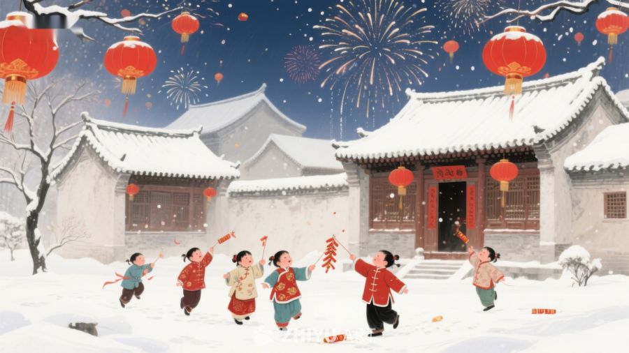 雪夜欢庆，孩童嬉戏迎新春 1084