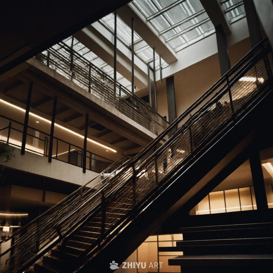 一个建筑内部的场景，可能是大厅或中庭，有一段楼梯通