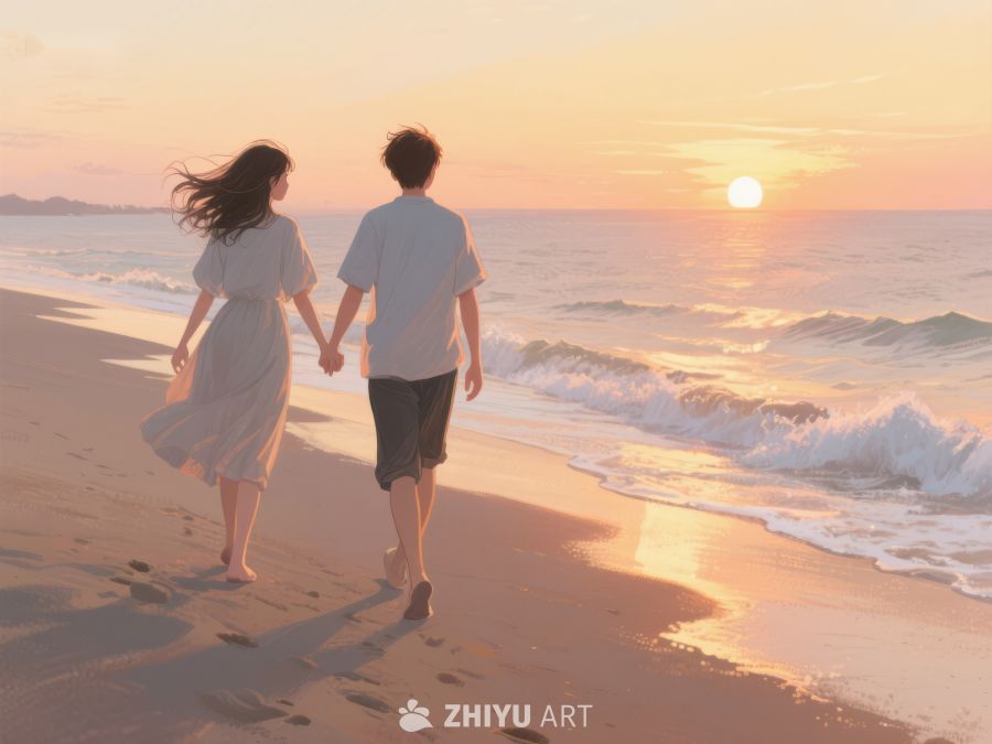 夕阳下携手漫步海滩的情侣 882