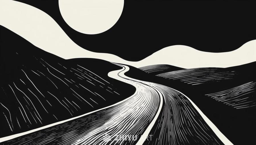 黑白插图中，一条蜿蜒的道路向前延伸，道路两旁是山丘