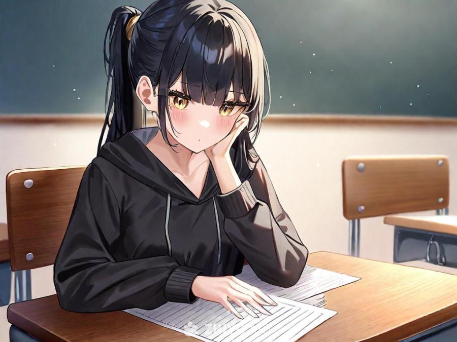 一个动漫风格的女孩坐在学校的课桌旁，她穿着一件黑色