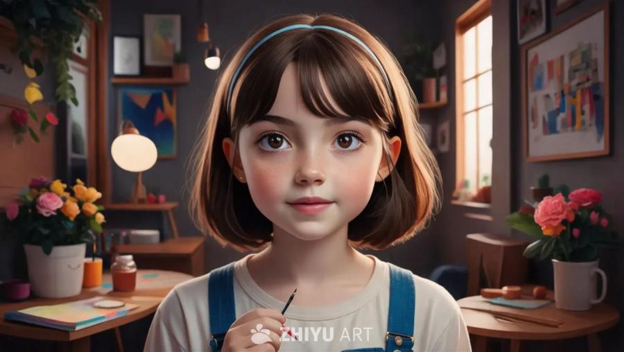 一个棕色头发，棕色眼睛的年轻女孩。她戴着一个蓝色的