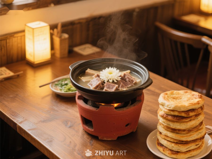 热气腾腾的火锅与金黄饼堆 536