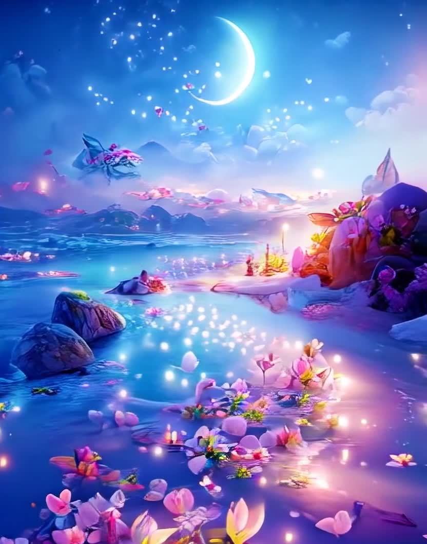 月下流萤，花海映辉，梦幻蓝色星空夜景。
