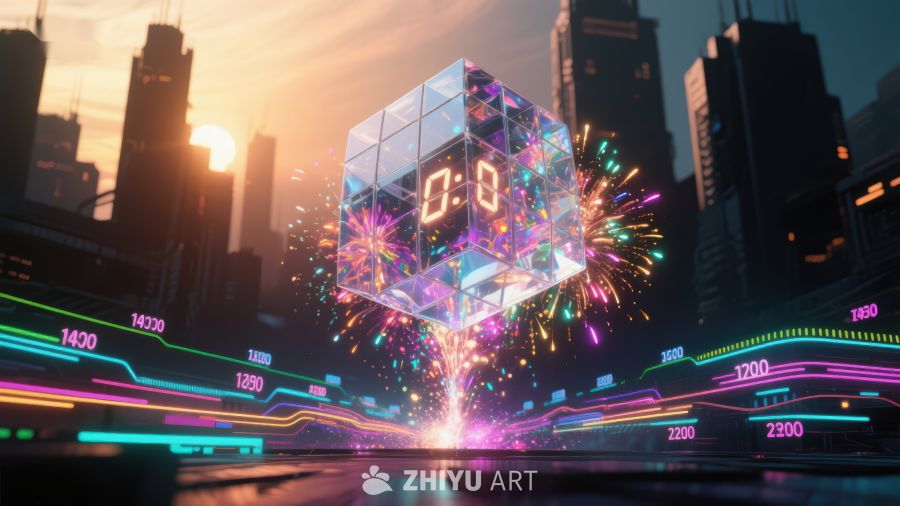 未来城市中的数字立方体烟花 584