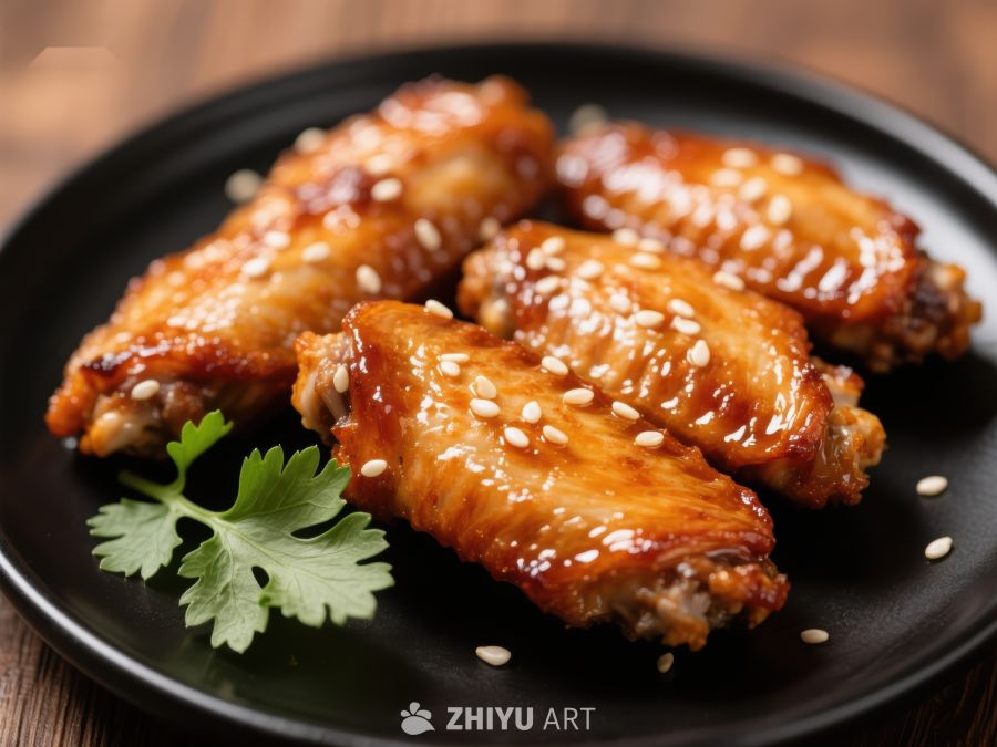 美味烤鸡翅配芝麻和香菜