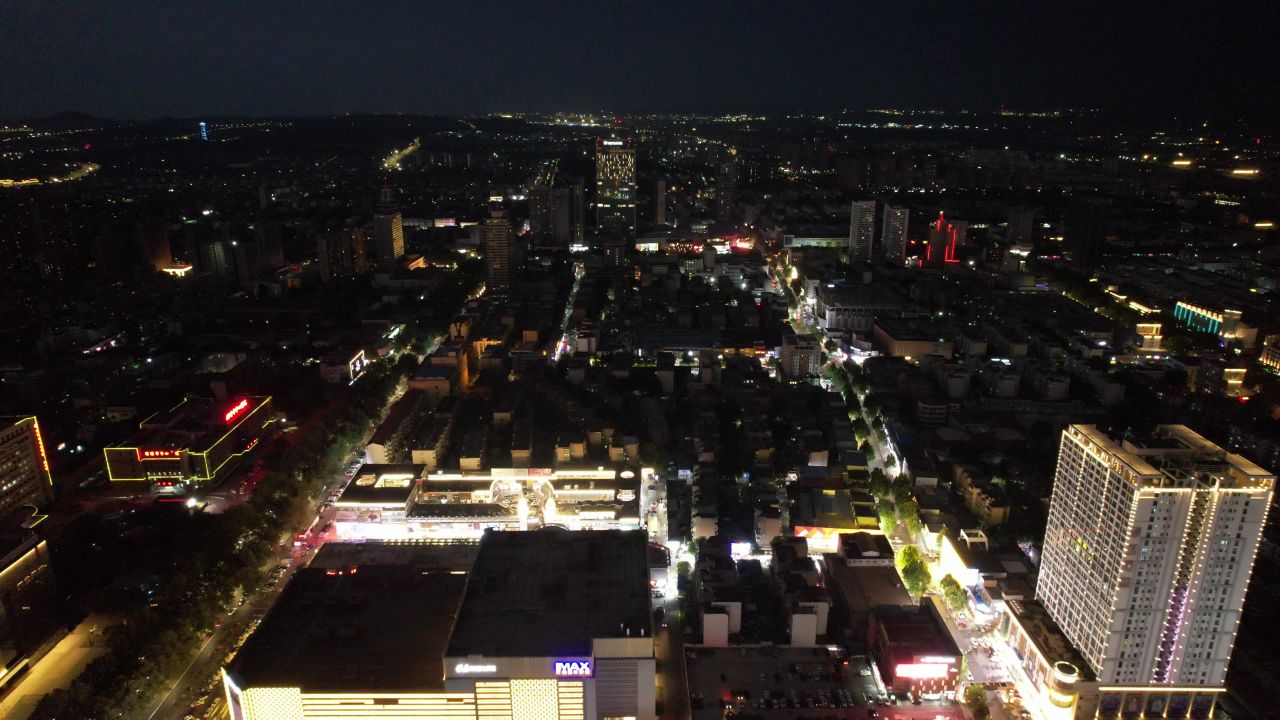 山东淄博晚霞城市夜幕降临夜景灯光航拍