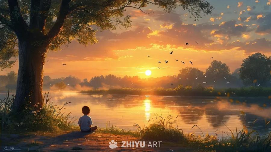 夕阳西下，河流旁边，一个男孩独自坐在树下。太阳半落
