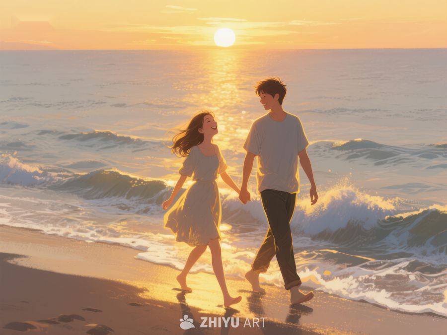 海边日落时的浪漫漫步 245