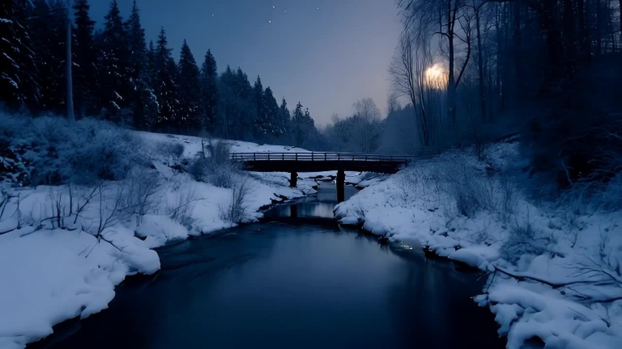 夜间，一条小溪穿过白雪覆盖的森林，溪流之上有一座木