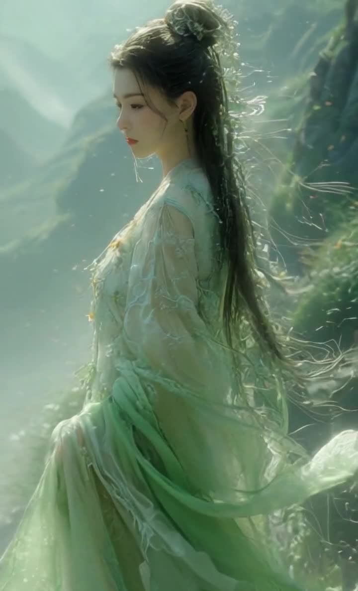 山海仙境着汉服女子，清雅飘逸唯美写真。