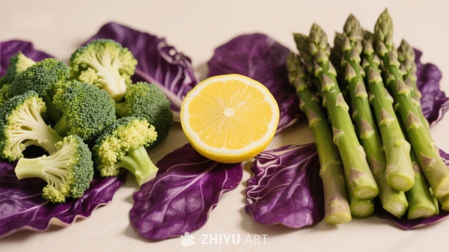 新鲜蔬菜与柠檬摆盘