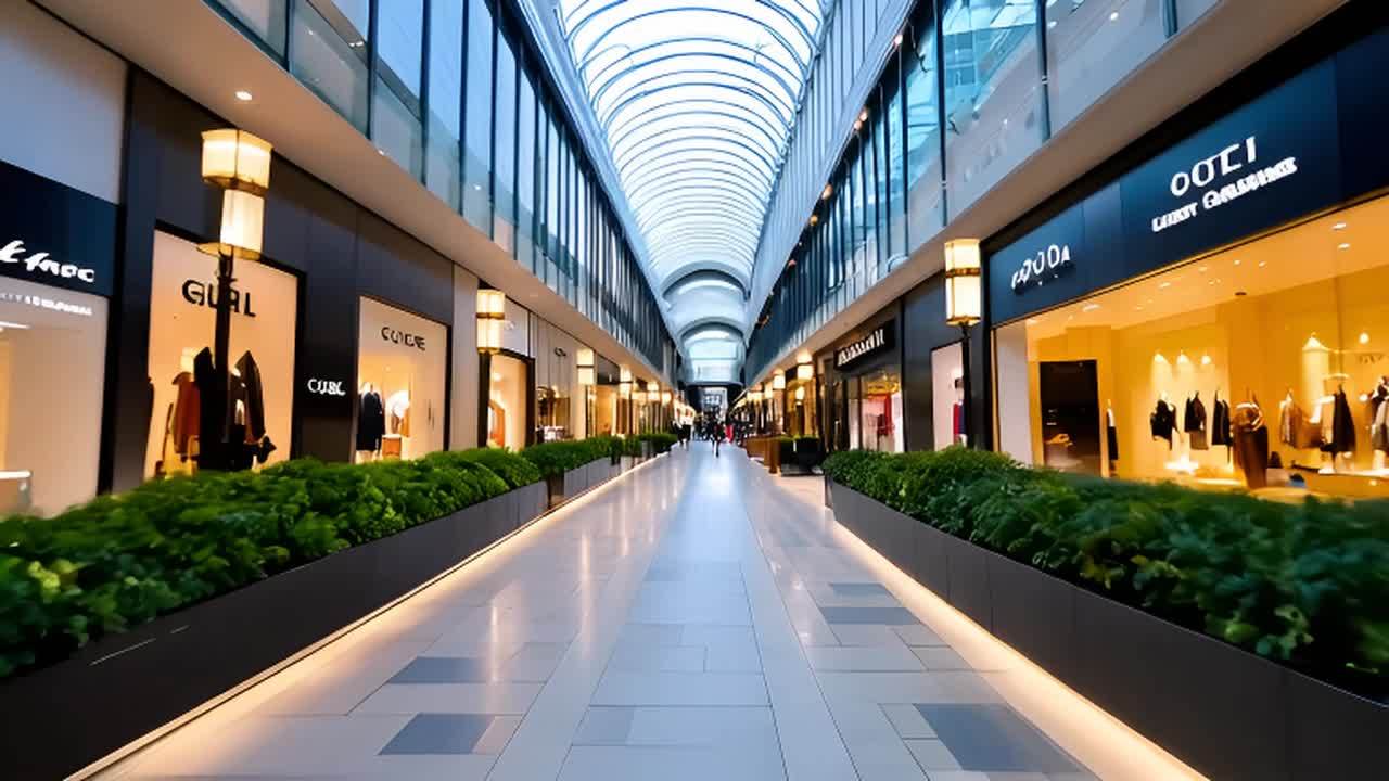 一个奢华的城市购物长廊，两侧是双层高的店铺，包括G