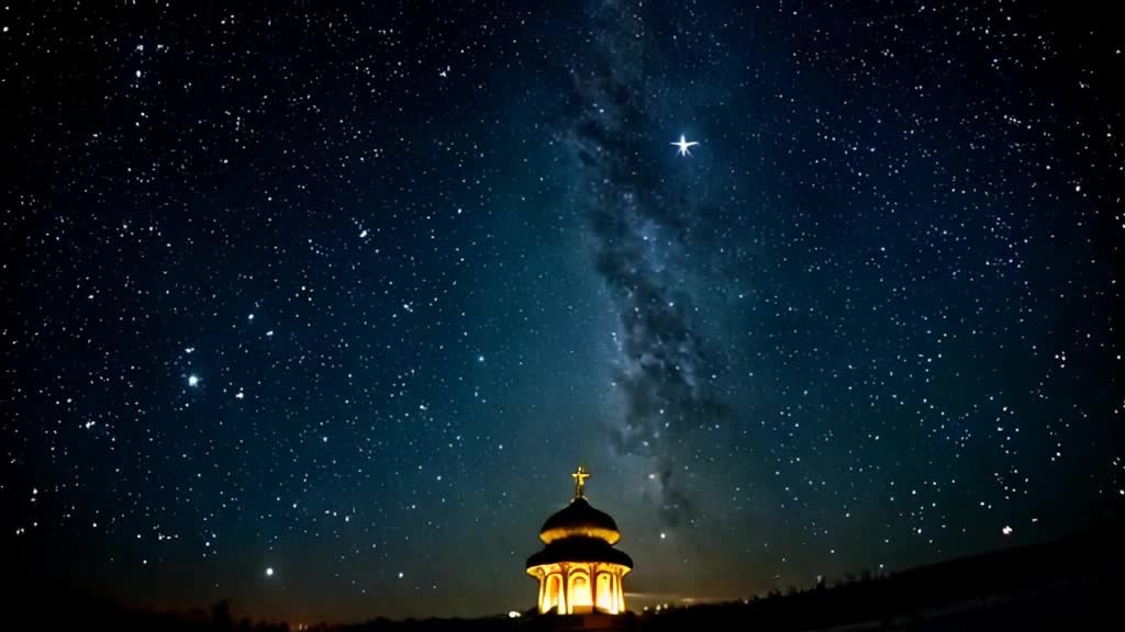 星空璀璨：相机缓缓向上倾斜，指向一片晴朗、繁星点点