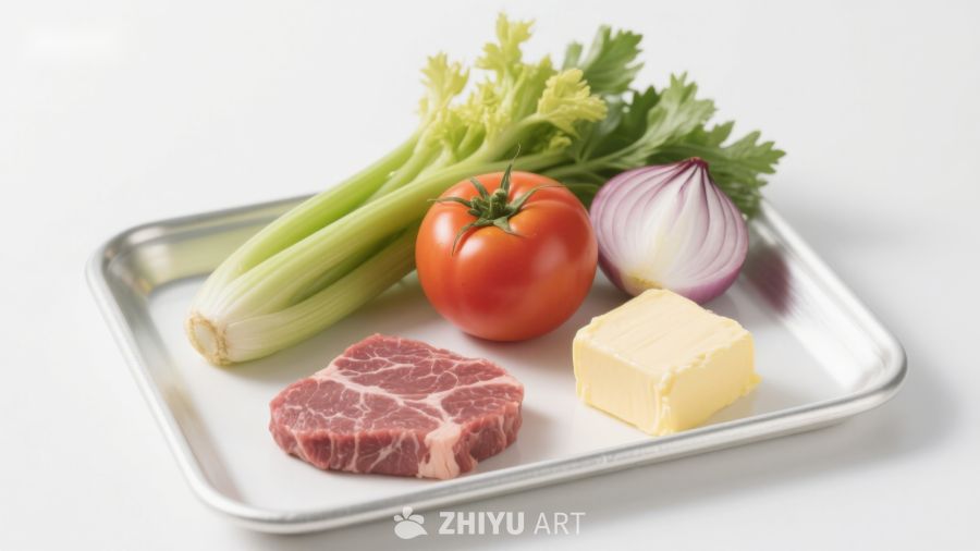食材摆盘：牛肉与蔬菜