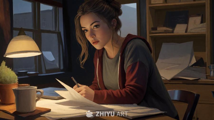 夜间场景中，一名叫莎拉的女子坐在桌旁，她周围散落着