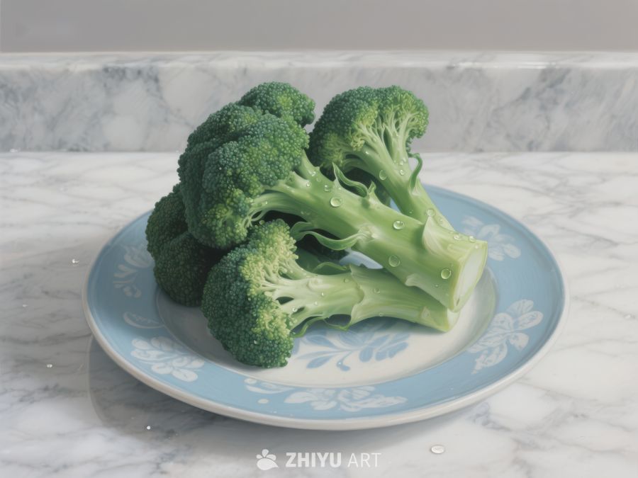 新鲜西兰花置于蓝色花纹盘中 747