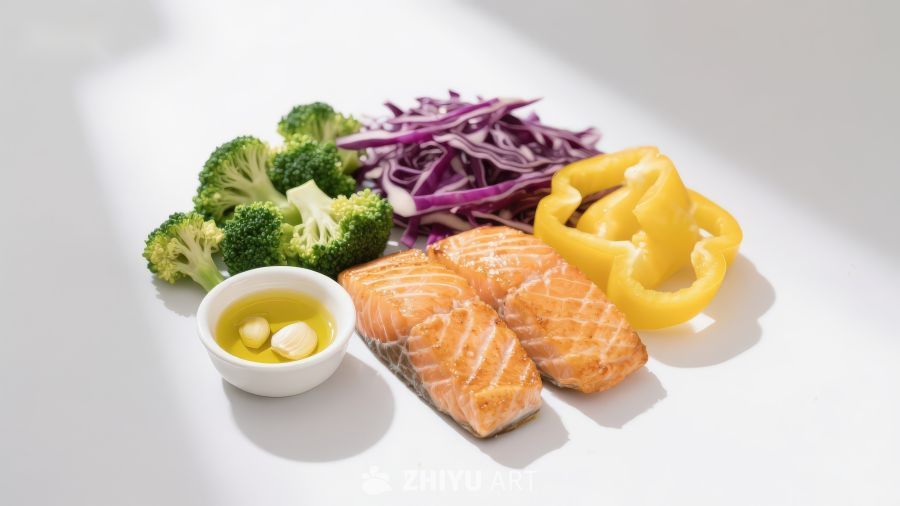 新鲜三文鱼与蔬菜食材