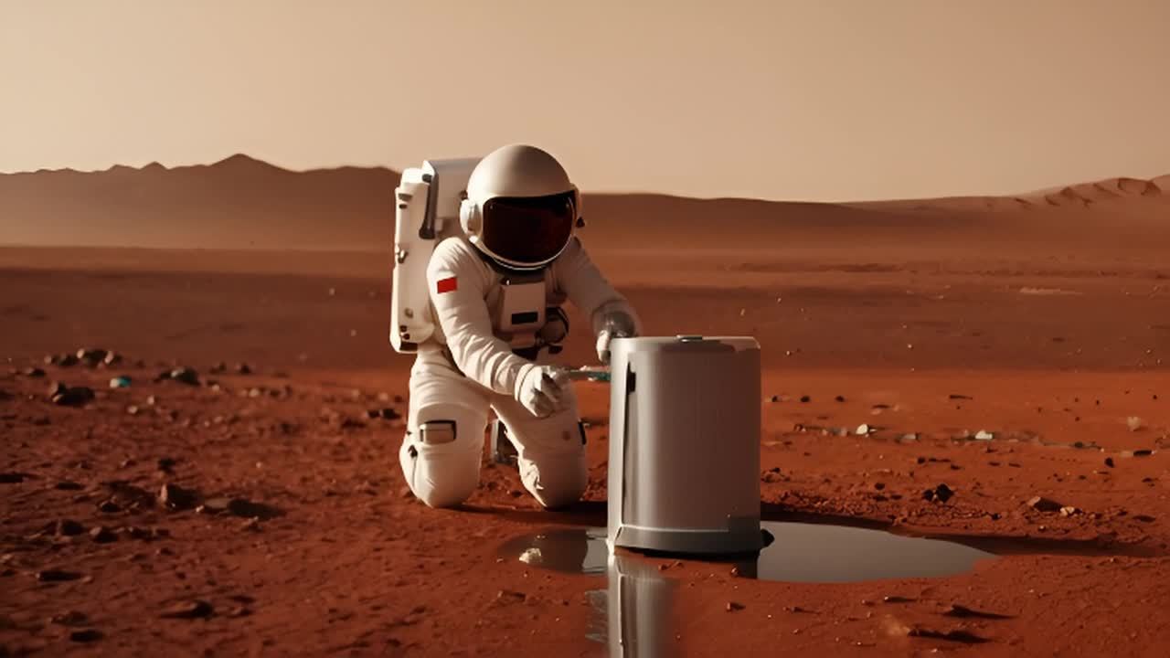 一个宇航员在火星上，他跪着在地面，面前有一个饮水机