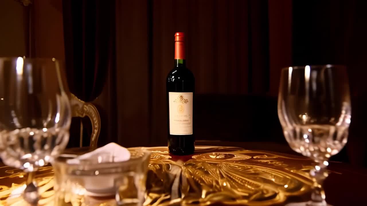 一张棕色的桌子上，摆放着一瓶红酒和四个透明的玻璃杯