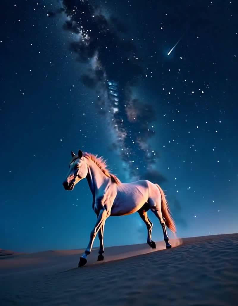 星空沙丘白马奔腾，流星划过，夜色静谧。