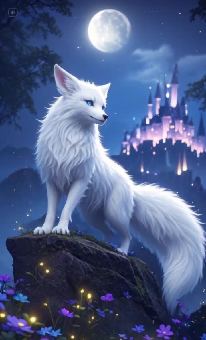 月夜下的白狐与城堡，梦幻奇境之旅。