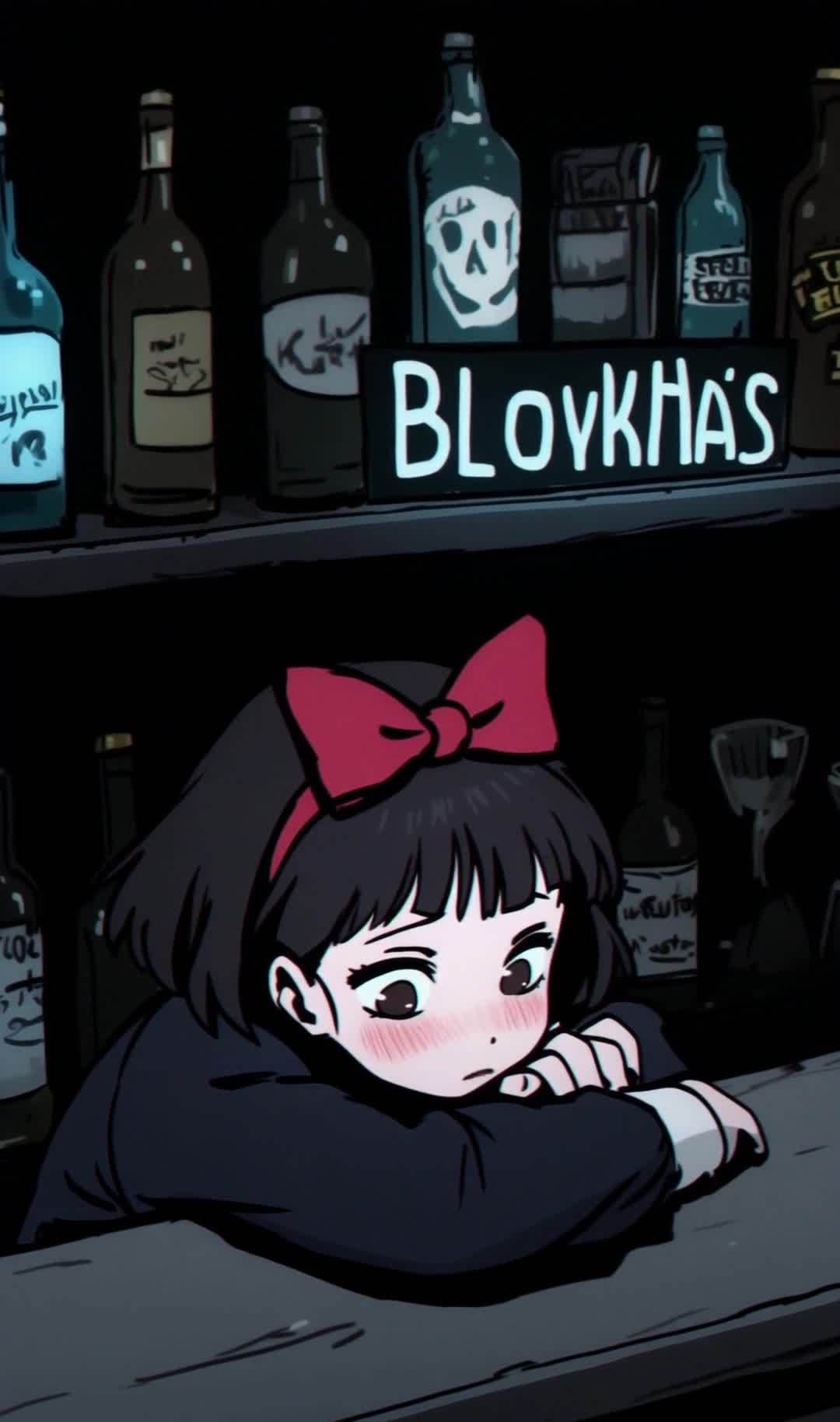 戴红蝴蝶结的女孩在酒吧里独自一人。
