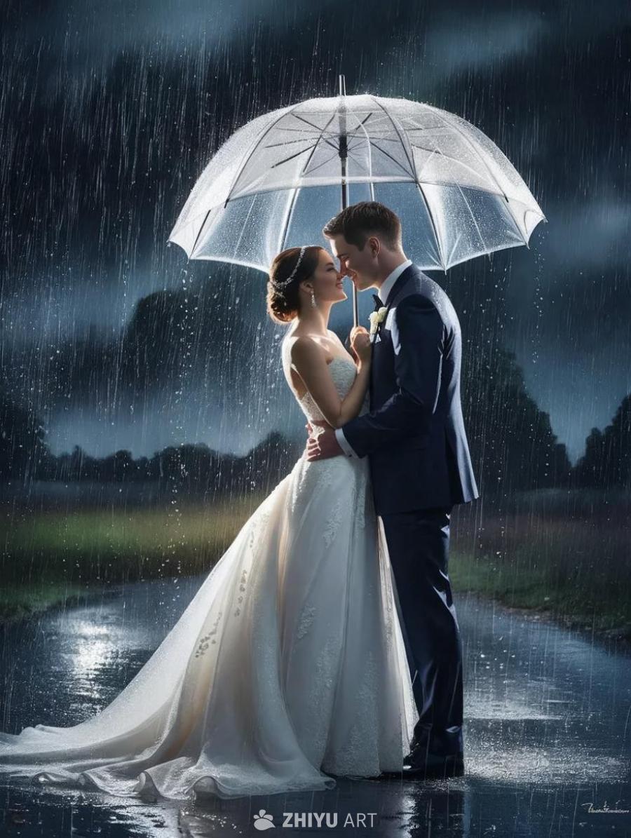 雨中，一对身着婚礼礼服的新人在一把白色透明雨伞下拥