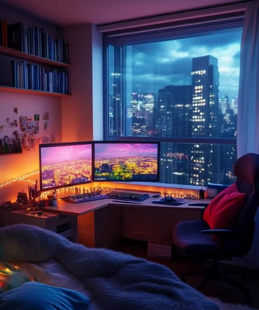房间内，两台电脑屏幕显示着城市夜景。书架上摆放着书