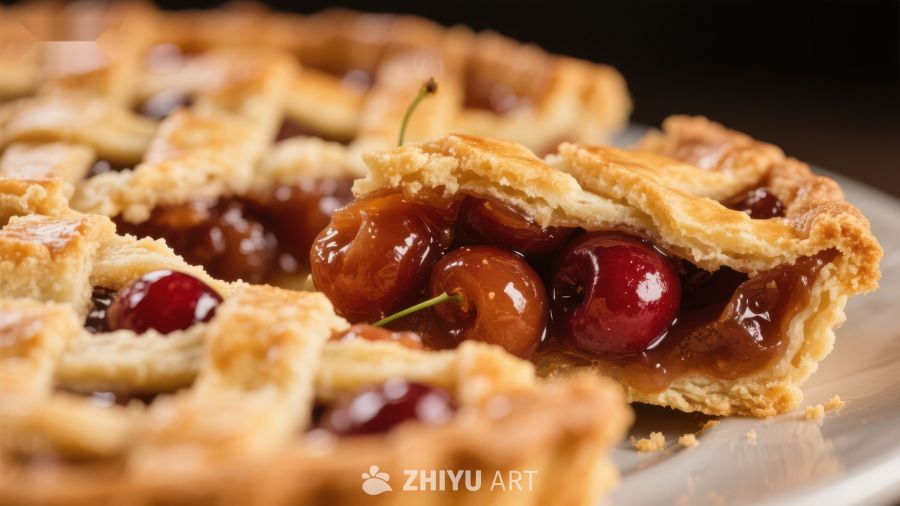 樱桃派特写，金黄色酥皮与鲜红果馅