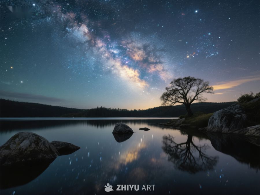 银河映照湖面，孤树静谧夜景 540