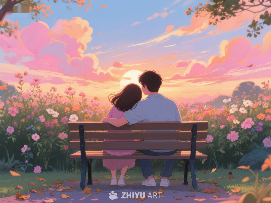 黄昏花海中的情侣 387