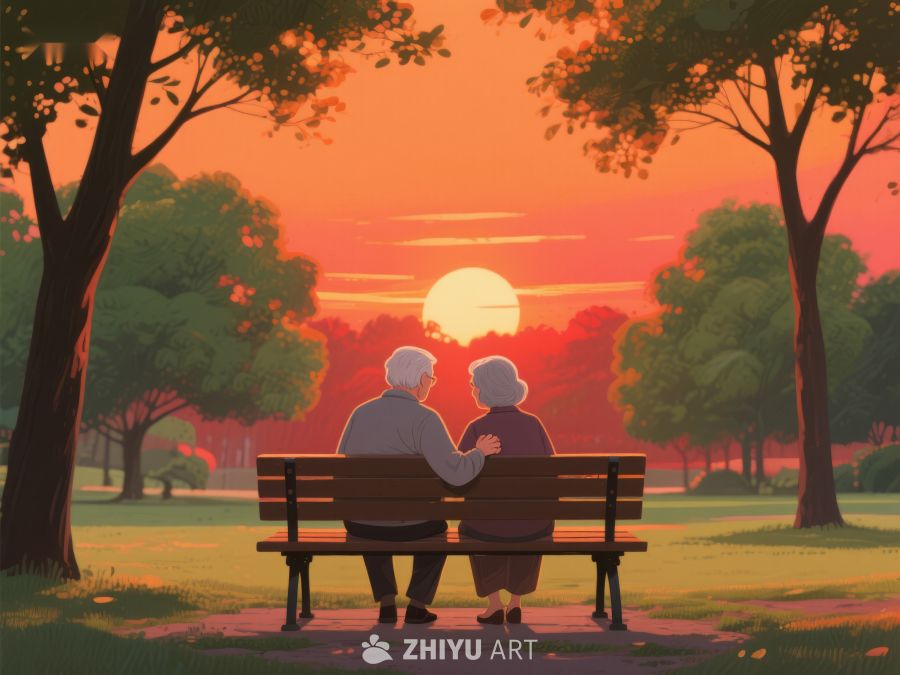 夕阳下公园长椅上的老人 876