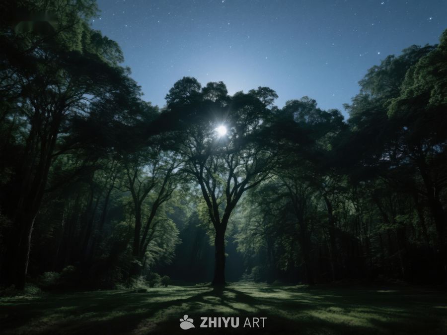 月光穿透树林的静谧夜景 552