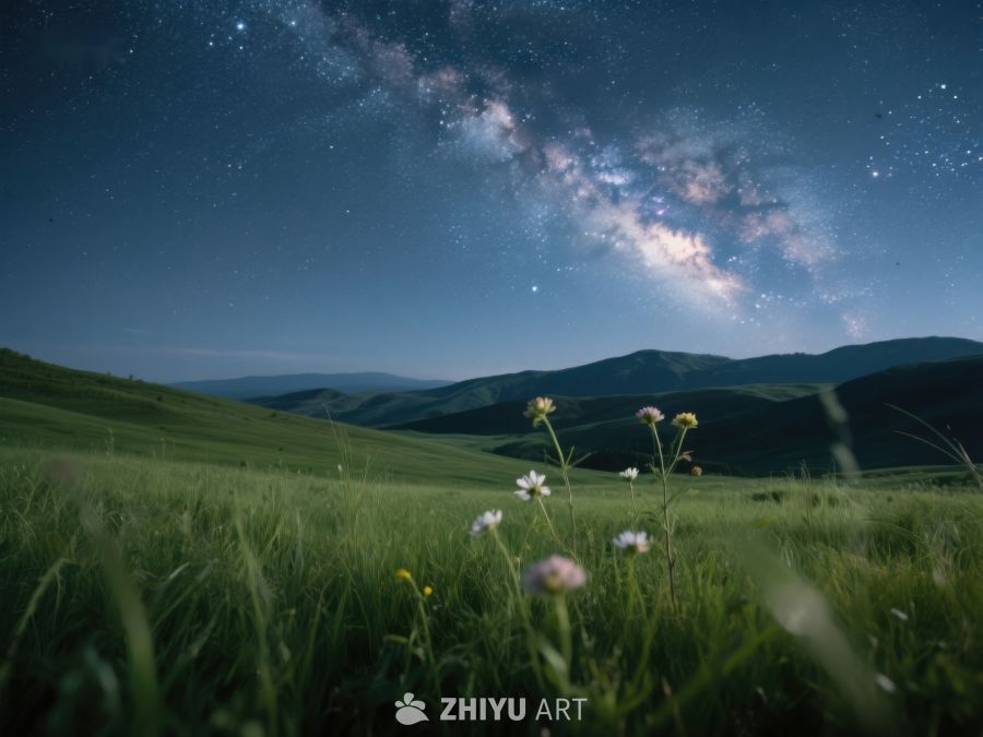 夜空银河下的绿野花丛 424