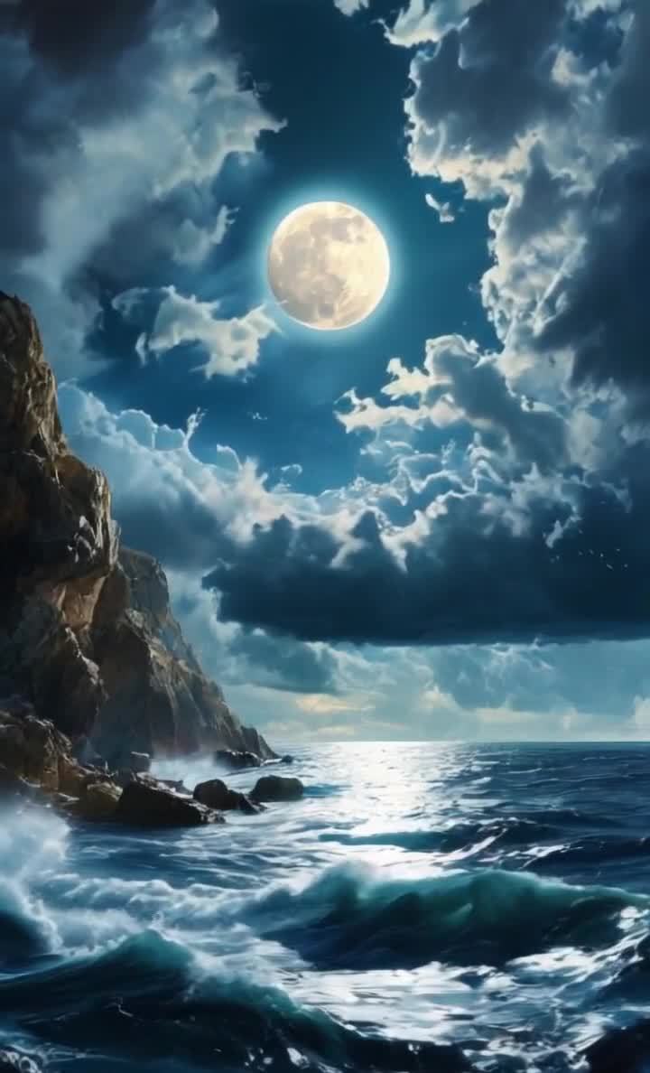 悬崖边月夜海景：月光照亮海面，云层笼罩夜空