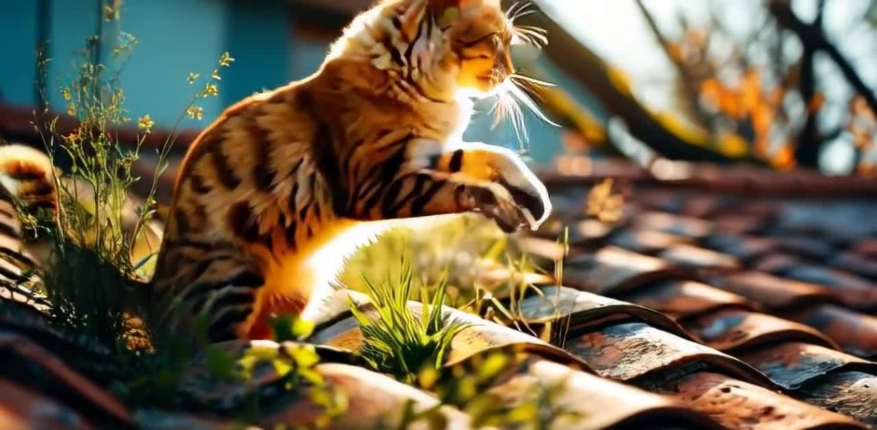 一只姜黄色的猫坐在屋顶上，视线朝向左侧。屋顶由红棕