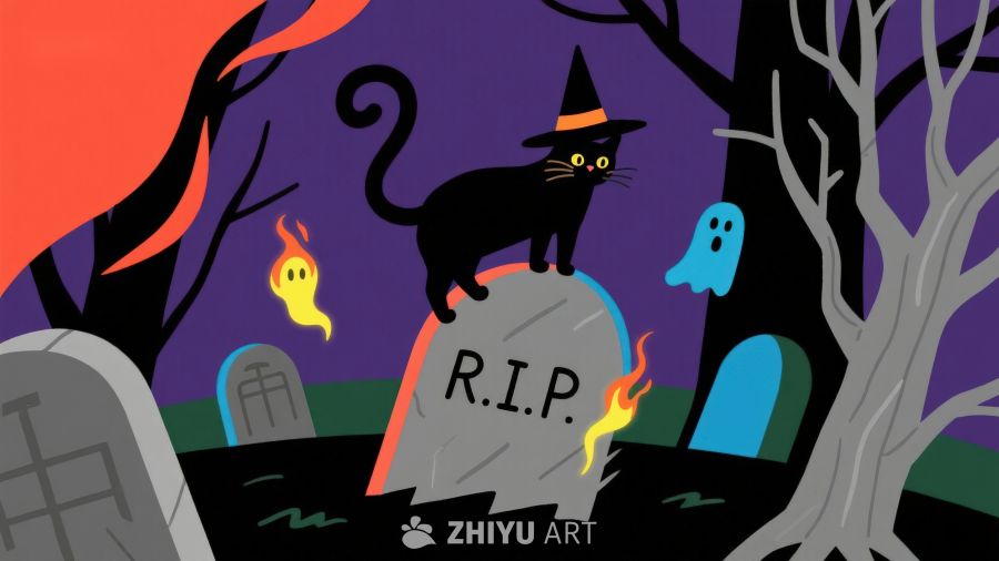 万圣节墓地黑猫与幽灵
