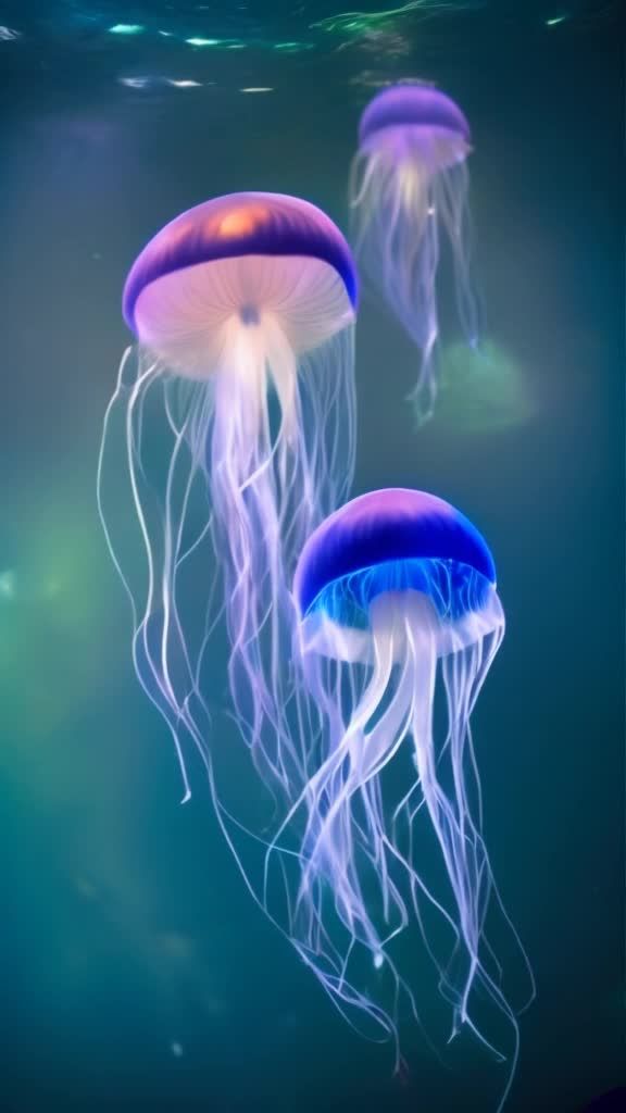 水下有三只生物发光水母优雅地在深海黑暗中漂浮。它们透明的触须轻轻波动着上升，发出柔和的紫色和蓝色光芒。周围的水微微闪烁着绿色和蓝色的色调，营造出一种神秘而超凡的氛围。微小的颗粒在他们周围懒洋洋地飘浮，增添了和平海底深度的感觉。随着水母上升，它们的荧光增强，用柔和的光脉冲照亮平静的海水。这个场景令人着迷，宁静，超凡脱俗，捕捉到了海洋表面下安静的美，在那里光线和运动完美和谐地融合在一起。
