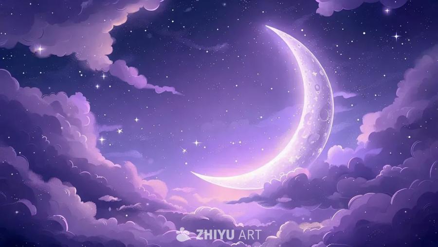 卡通午夜天空，一轮紫色的半月悬挂其中，周围环绕着浅