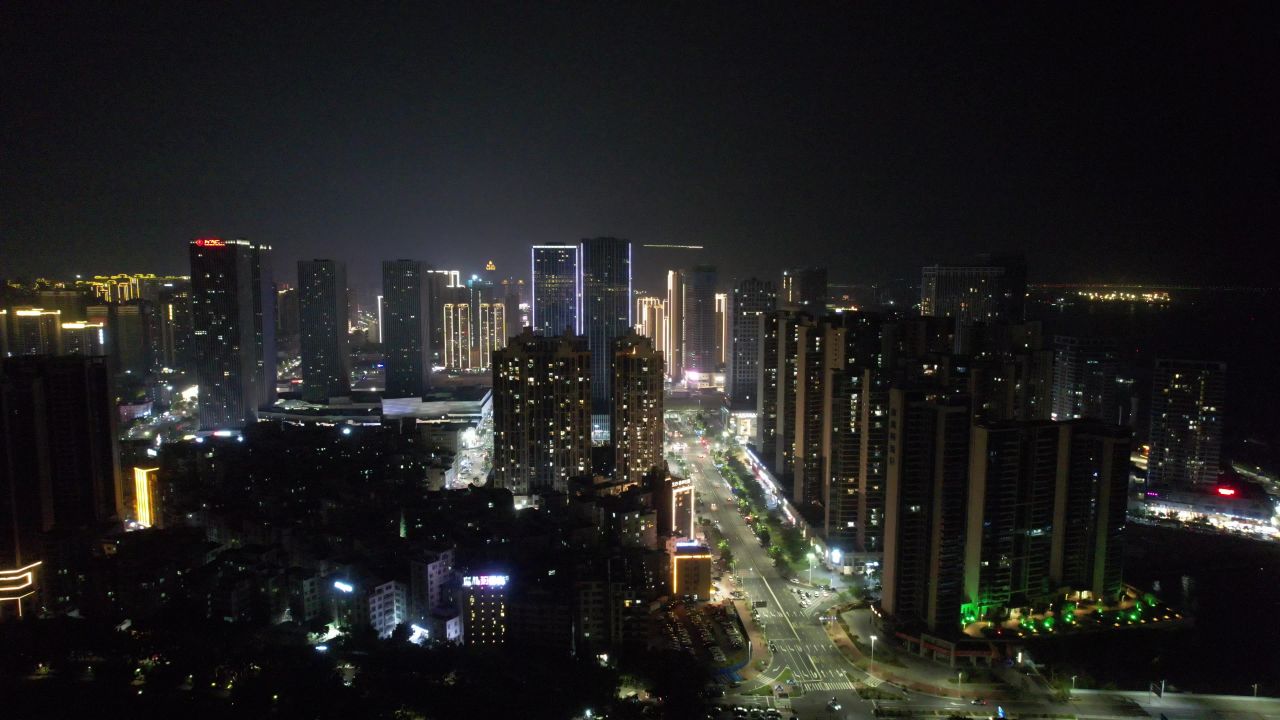 广东湛江城市夜景灯光交通航拍
