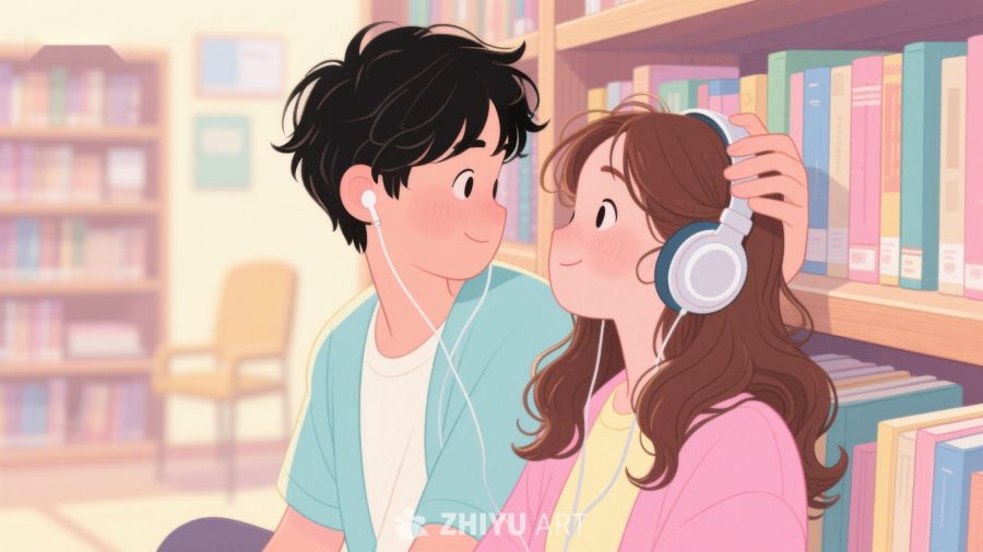 图书馆中共享耳机的两人 314