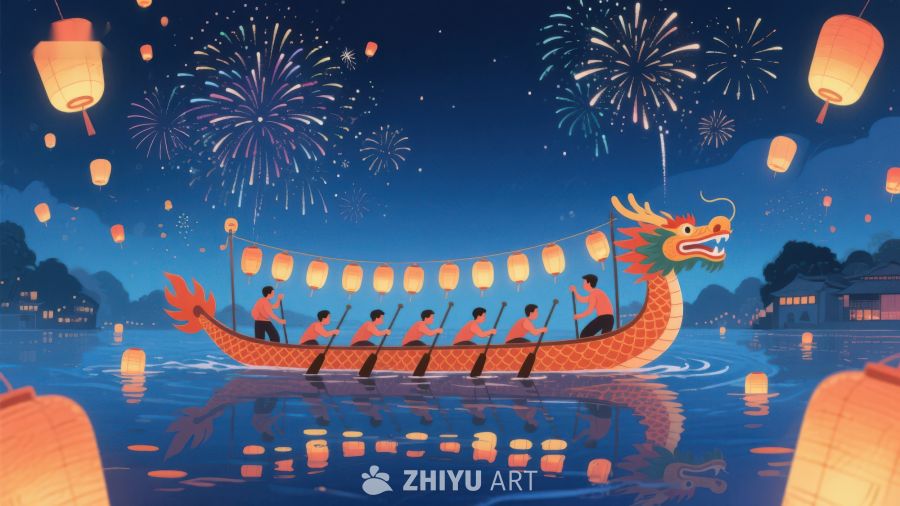 夜景龙舟竞渡与烟花 403