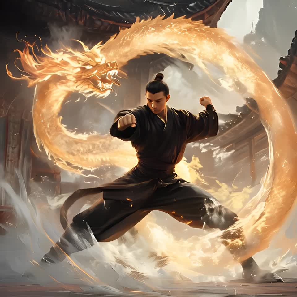 一个穿着黑色功夫服的男子摆出武术姿势，在他身后有一