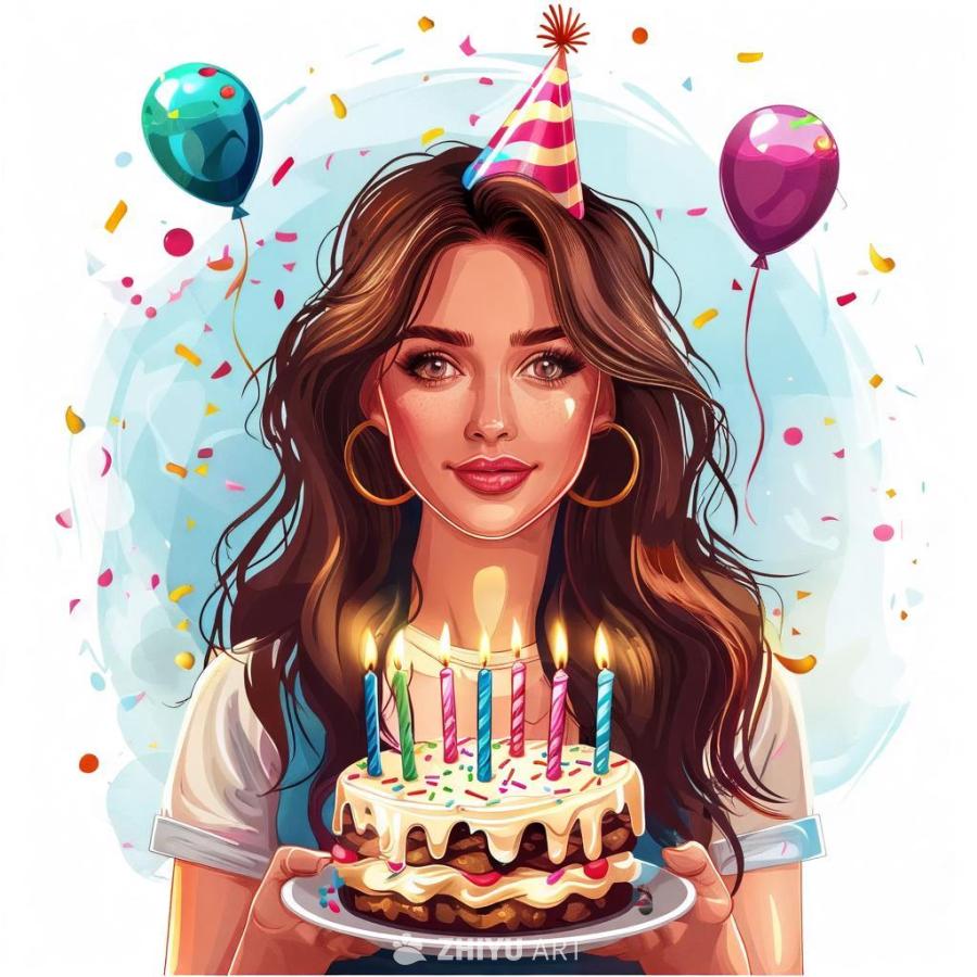 一个戴着生日帽的年轻女子拿着一个点燃蜡烛的生日蛋糕