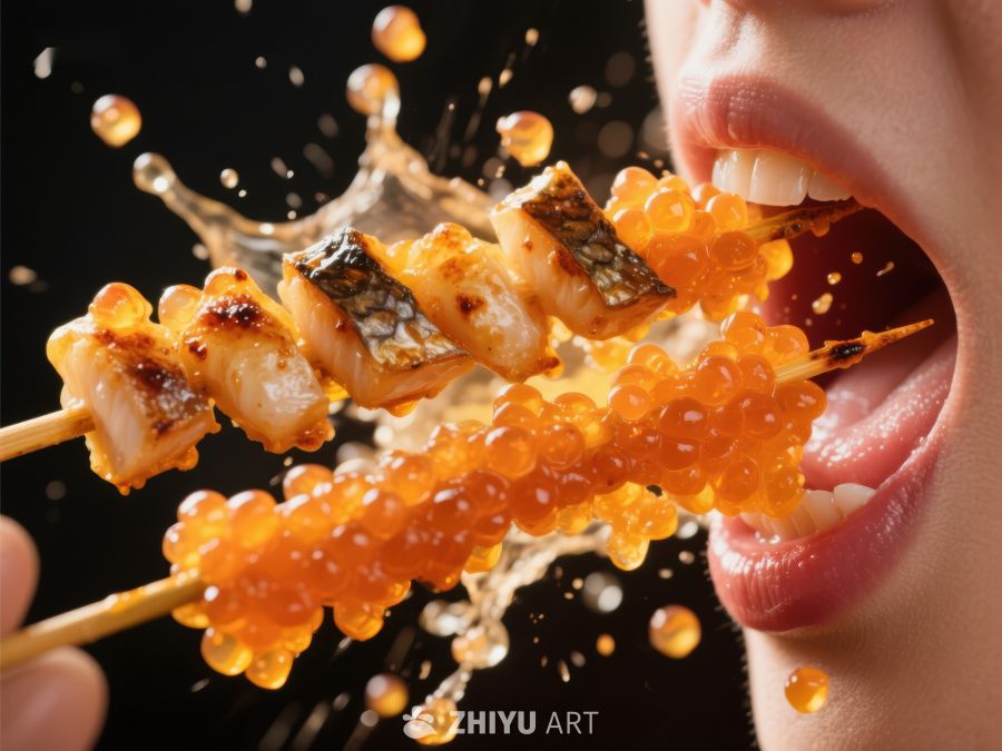 美味鱼串与鱼子酱入口瞬间