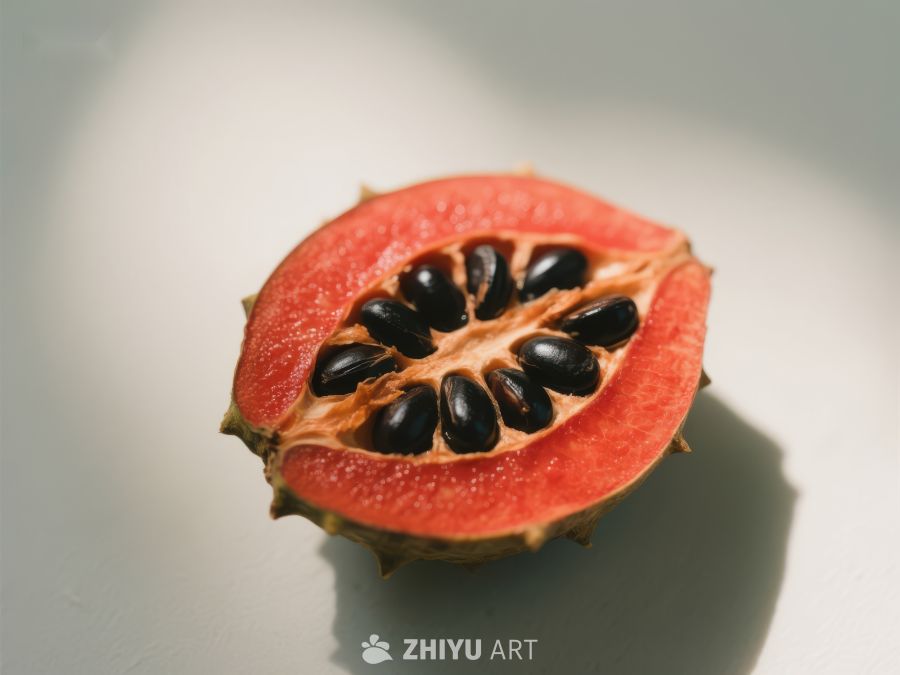切开的红色果实，露出黑色种子 238
